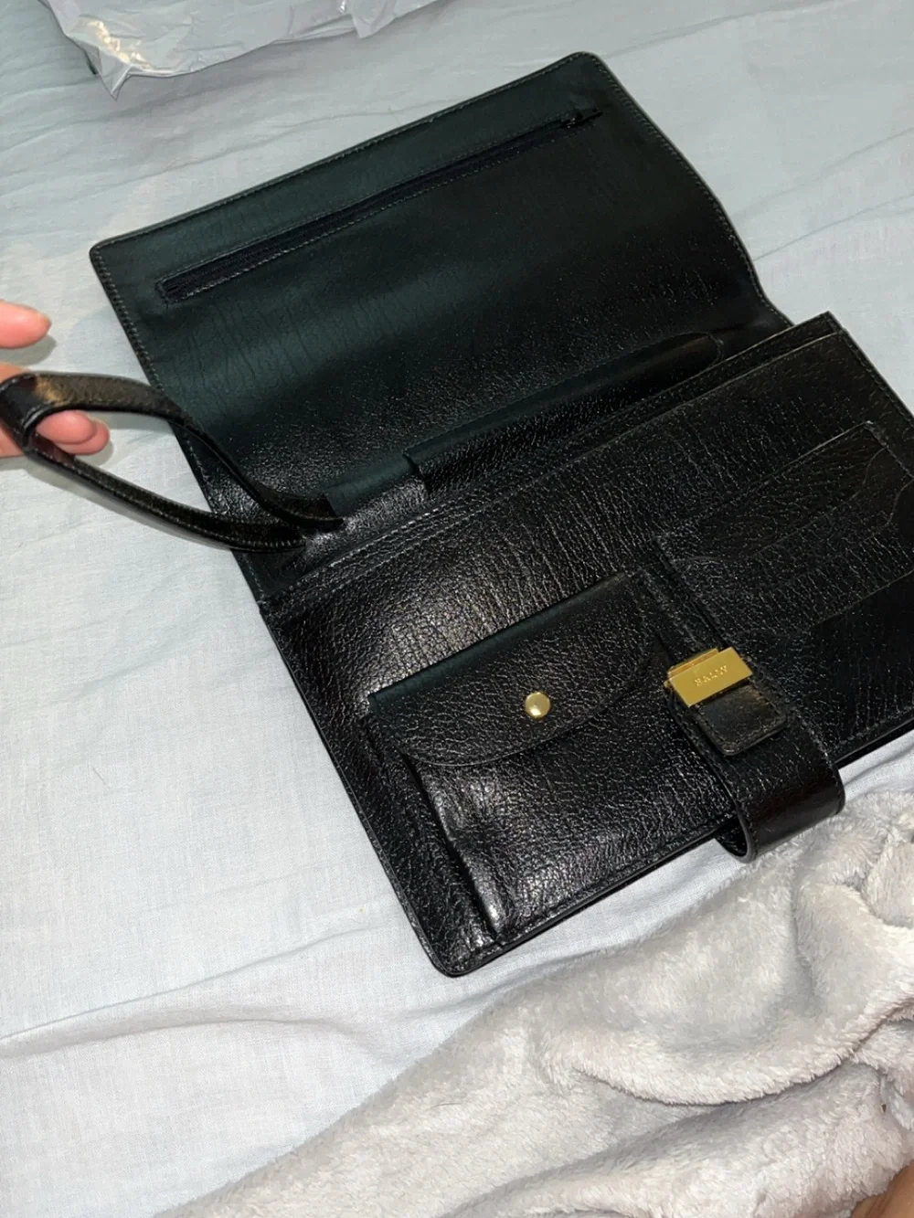 Bally Black Leather Clutch with Gold Hardware